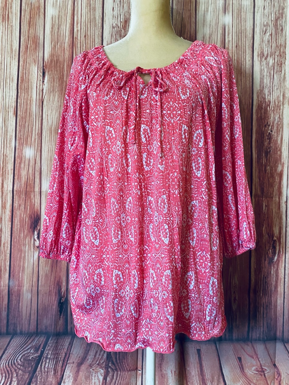 Women’s Medium Peasant Blouse Faded Glory Pink 3/4 Sleeve V Neck Tie Tassel Soft